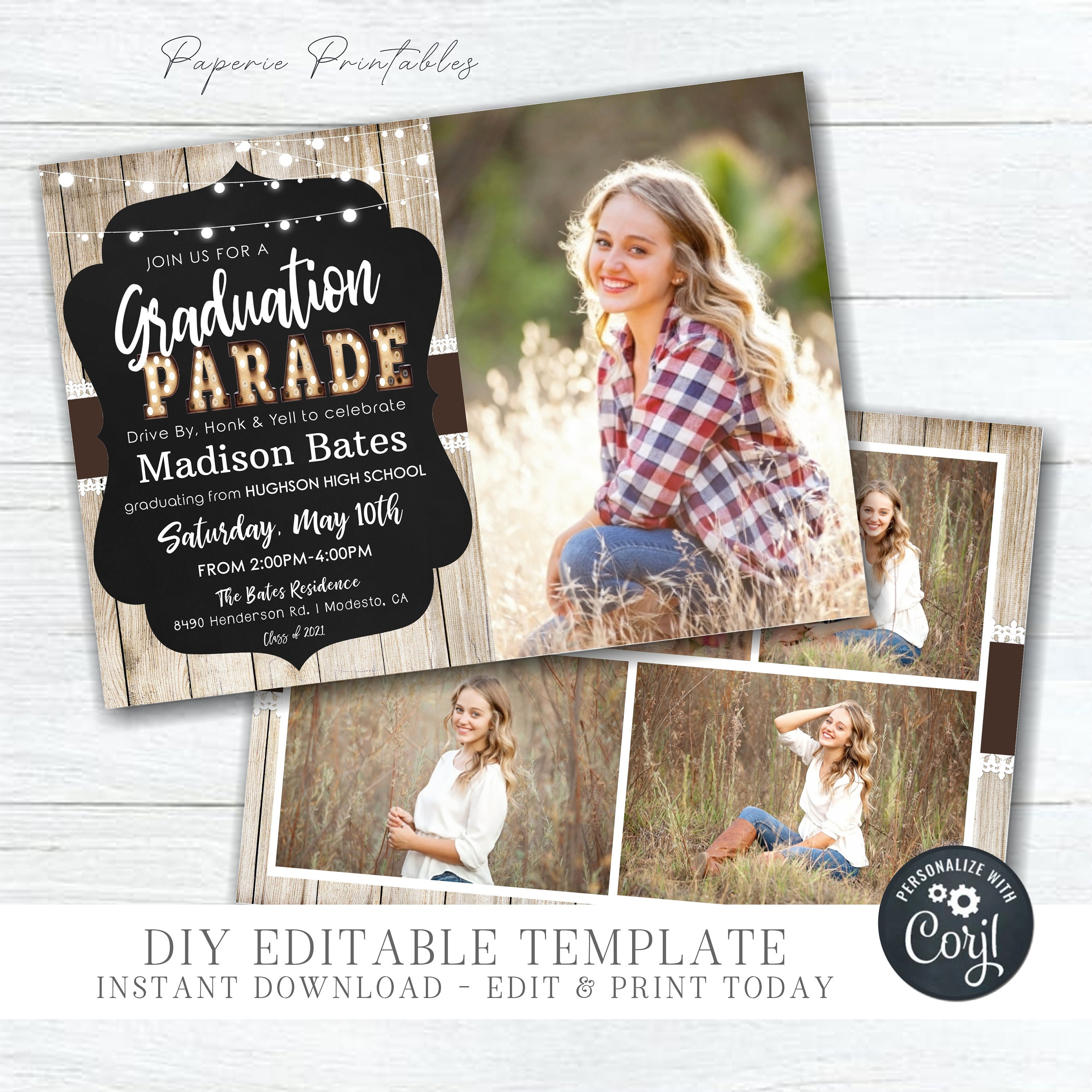 Editable Graduation Parade Invitation: Photo Option (DIY Corjl Template ...