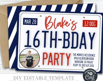 License Plate 16th Birthday Invitation: Editable DIY Template (5x7) #BP75