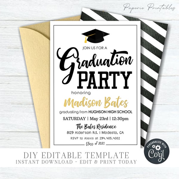 EDITABLE Photo Graduation Party Invitation, Gold Foil Graduation Party Template, Class of 2024 Graduation Invitation - DIY Corjl - #GP08