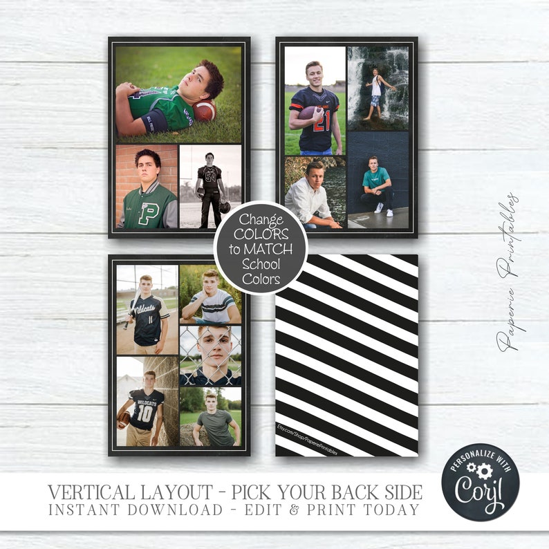 May include: Vertical layout photo collage with multiple images of young people in sports uniforms. The collage includes the text "Change Colors to Match School Colors" and "VERTICAL LAYOUT - PICK YOUR BACK SIDE". The back side has black and white diagonal stripes.