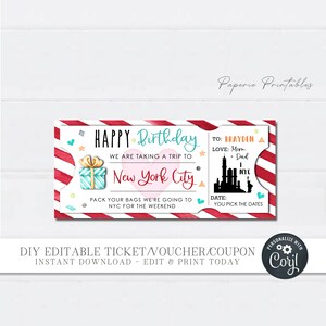 EDITABLE NYC Trip Gift Voucher, Birthday Gift Coupon, New York Trip ...