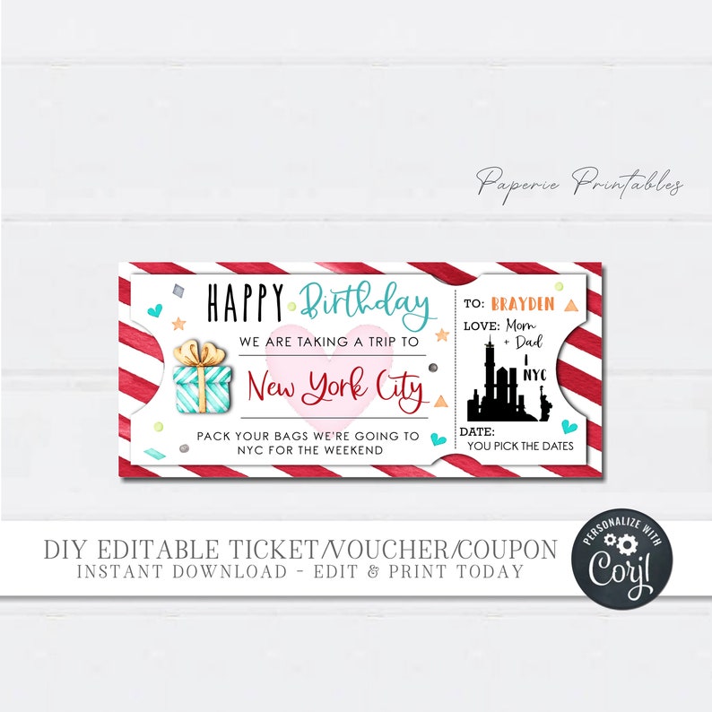 EDITABLE NYC Trip Gift Voucher Birthday Gift Coupon New York - Etsy