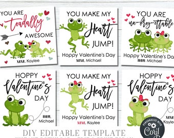 EDITABLE Frog Valentine's Day Cards, Frog Valentine Cards, Hoppy Valentine Tags, Toadally Awesome, DIY Editable Cards - Edit Corjl - #VT14