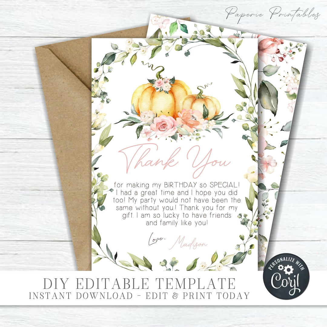 EDITABLE Pumpkin Birthday Thank You Card Editable Pumpkin Thank You ...