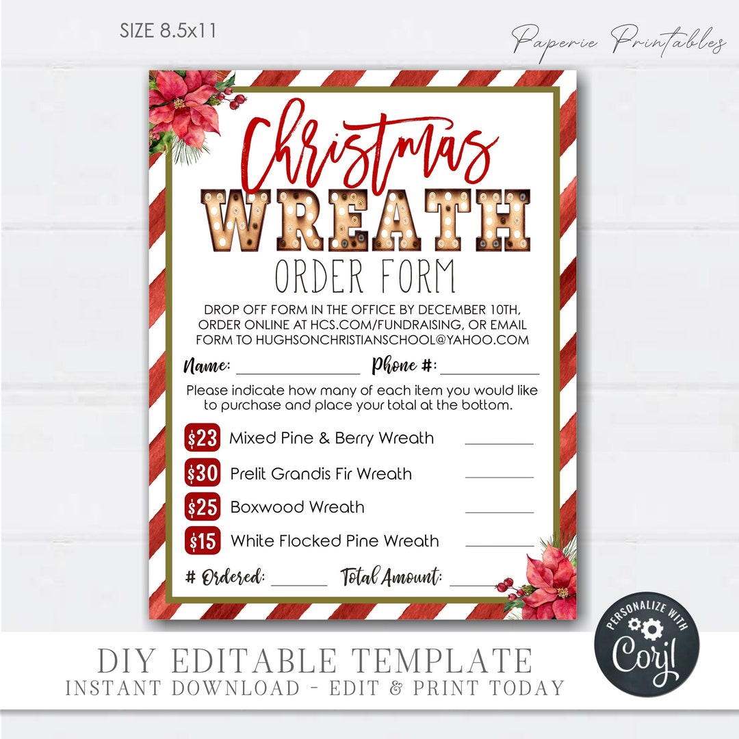 EDITABLE Christmas Wreath Fundraising Order Form, Christmas Wreath Sale