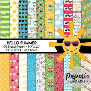 Hello Summer Digital Paper - 8.5x11 Digital Scrapbooking Paper - 50 Papers & 35 Clipart - Summer Scrapbook Paper-Instant Download-