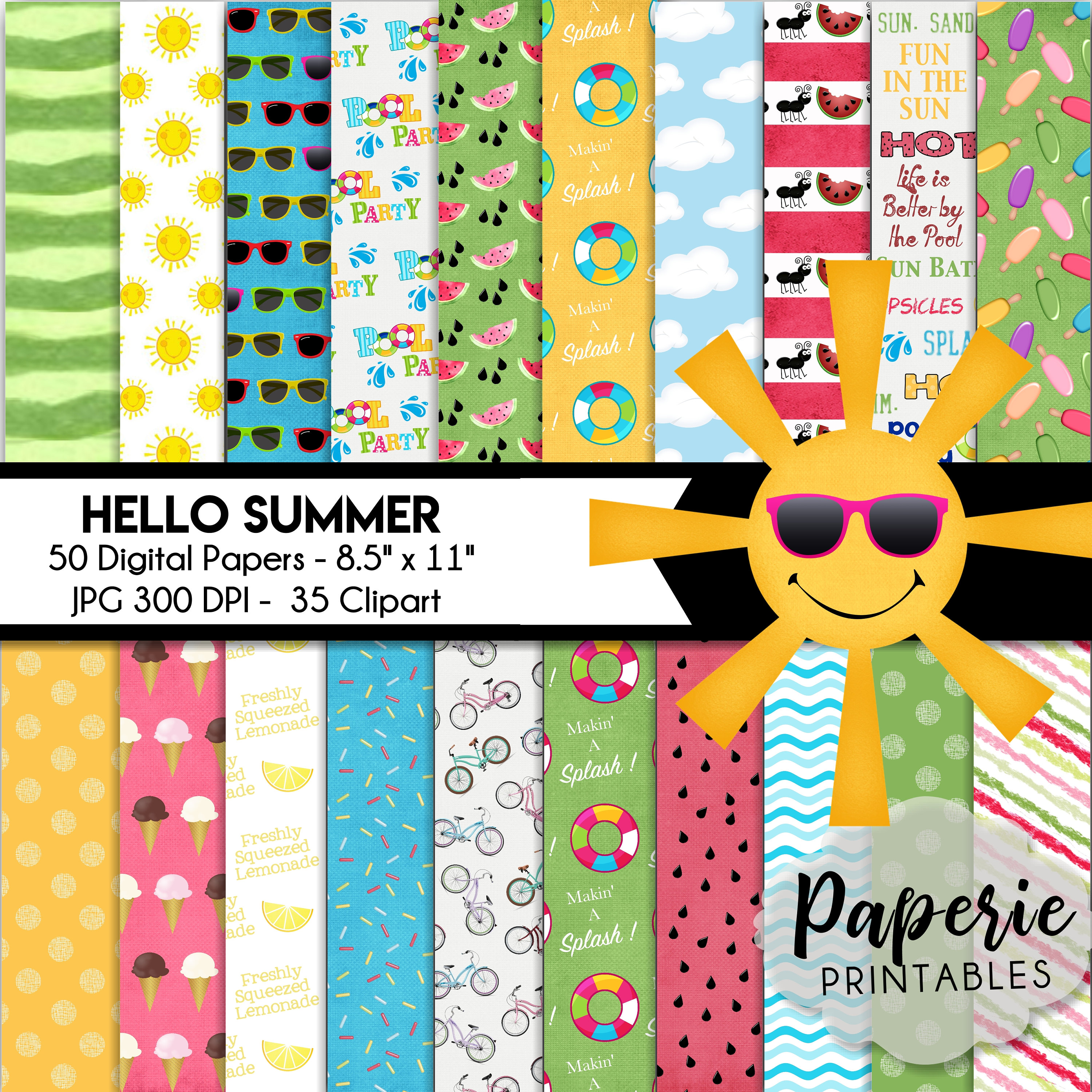 Hello Summer Digital Paper Pack: Scrapbook Clipart (8.5x11) (digital ...