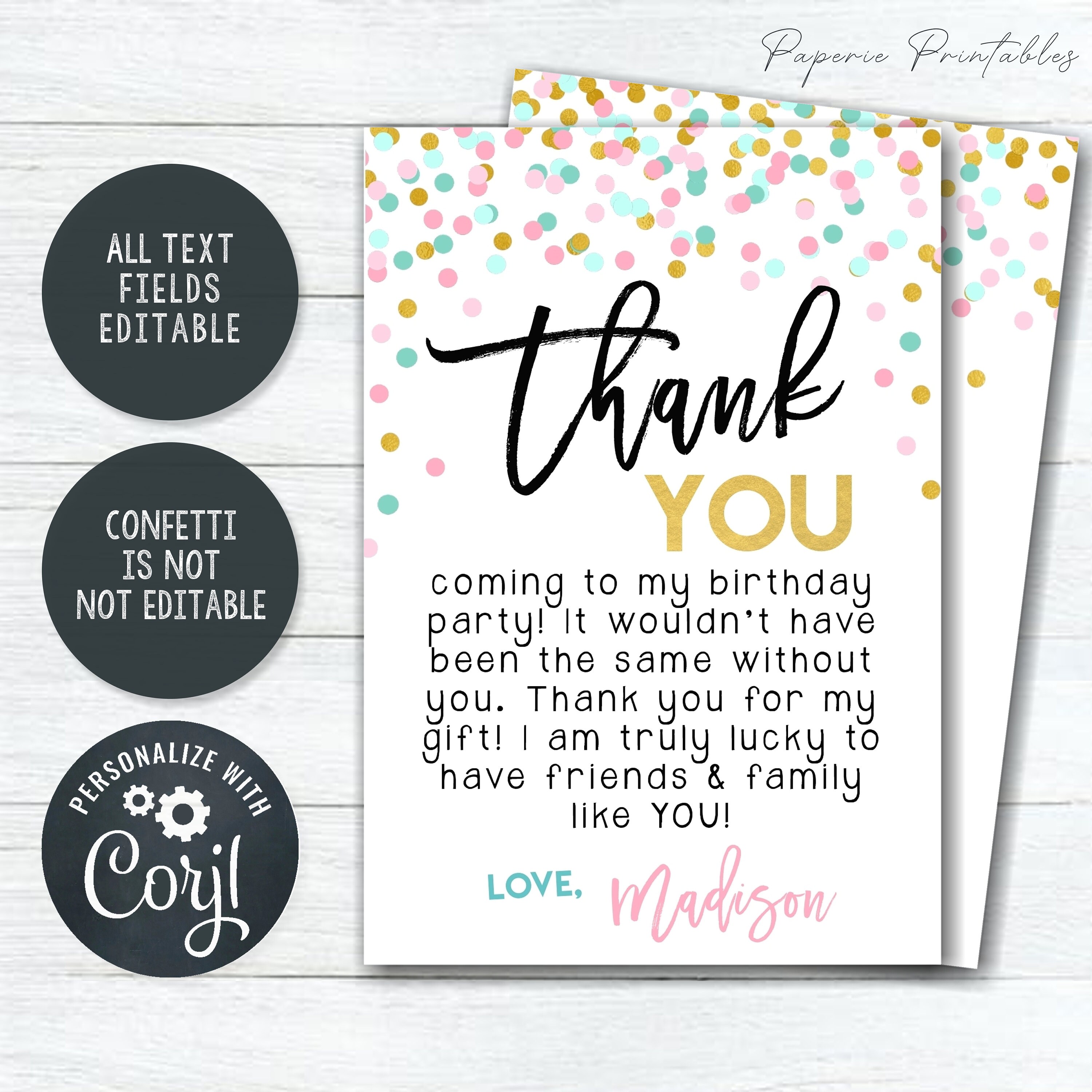 EDITABLE Confetti Birthday Thank You Card Confetti Thank You - Etsy