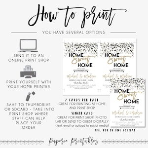 May include: A printable invitation for a housewarming party with a gold glitter design and the text "Home Sweet Home". The invitation includes the names "Michael & Madison" and the date "Saturday June 10, 2020 | 12:00PM". The invitation also includes the text "JPG, PDF or PNG format".