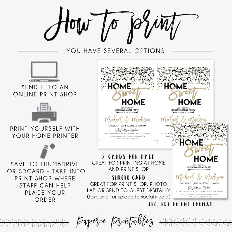 May include: A printable invitation for a housewarming party with a gold glitter design and the text "Home Sweet Home". The invitation includes the names "Michael & Madison" and the date "Saturday June 10, 2020 | 12:00PM". The invitation also includes the text "JPG, PDF or PNG format".