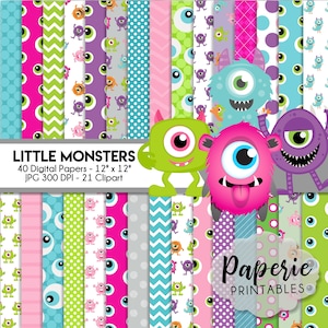 Little Monsters Digital Paper - 12x12 Digital Scrapbooking Paper - 40 Papers & 21 Clipart - Silly Monsters Scrapbook Paper-Instant Download-
