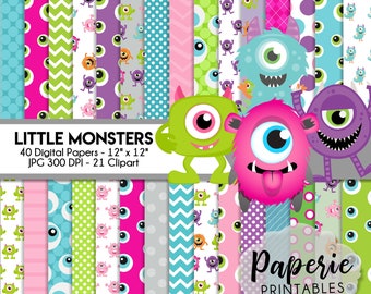 Little Monsters Digital Paper - 12x12 Digital Scrapbooking Paper - 40 Papers & 21 Clipart - Silly Monsters Scrapbook Paper-Instant Download-