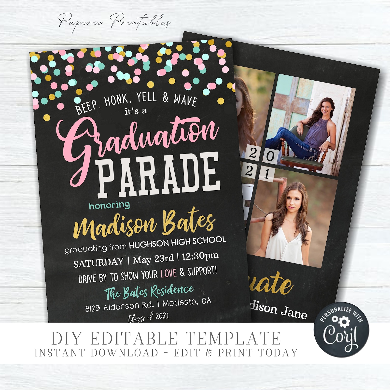 Editable Graduation Parade Invitation: Gold Foil, DIY Template (digital ...