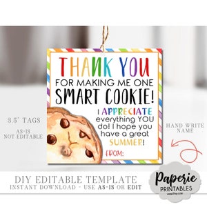 EDITABLE Cookie Teacher Gift Tag, One Smart Cookie Teacher Gift Tag ...