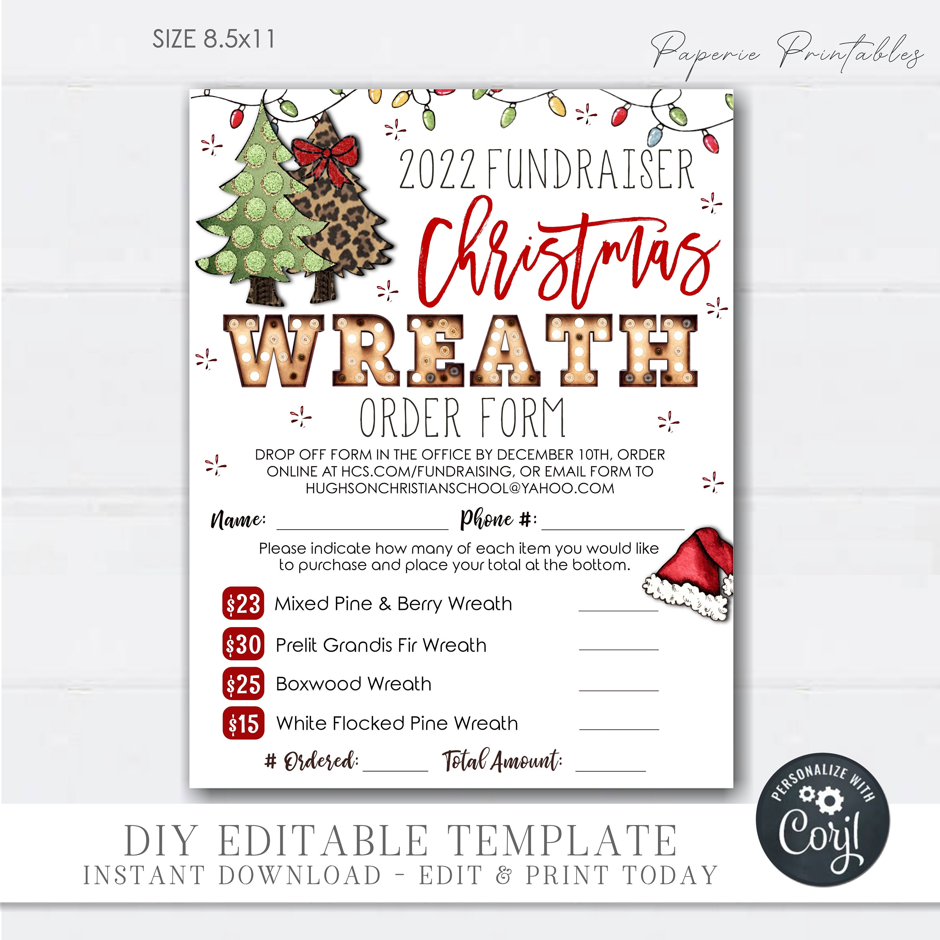 EDITABLE Christmas Wreath Fundraising Order Form Wreath Sale Etsy