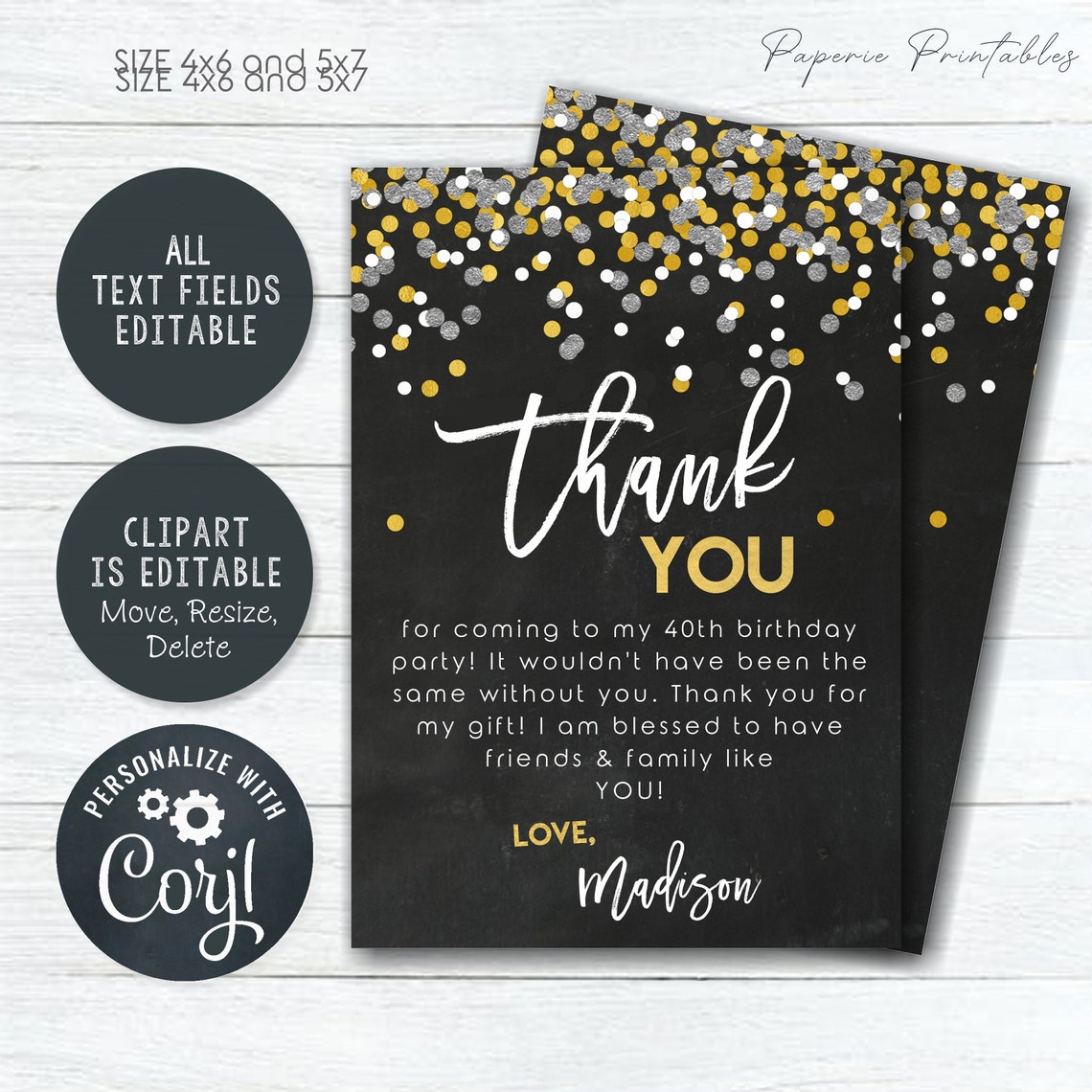 Editable Confetti Thank You Card Gold Foil Confetti Thank You Etsy