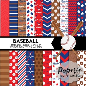 Baseball Digital Paper - 12x12 Digital Scrapbooking Paper - 30 Papers - Baseball Scrapbooking Paper - Baseball Clipart - Instant Download -