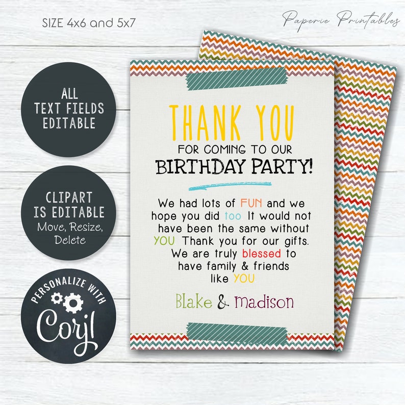Editable kids birthday thank you card colorful thank you etsy