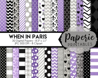 Paris Digital Paper Pack: Scrapbooking Clipart (8.5x11, 30 Papers) (Digital Download)