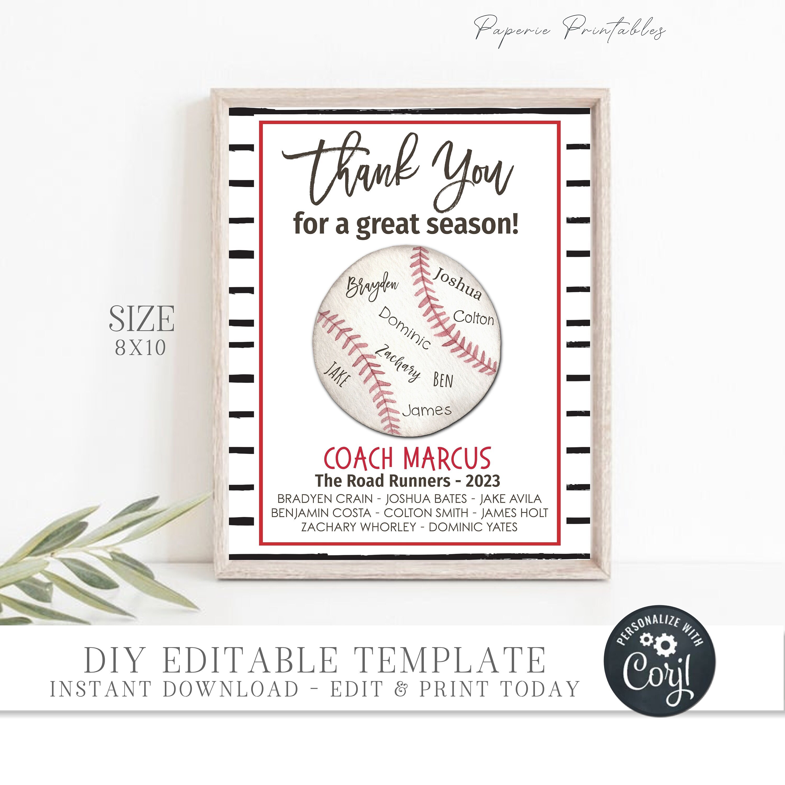 EDITABLE Baseball Coach Gift Printable, Coach Appreciation Gift, Team Gift for Coach Printable, Baseball Coach Corjl - DIY with Corjl, #CO12