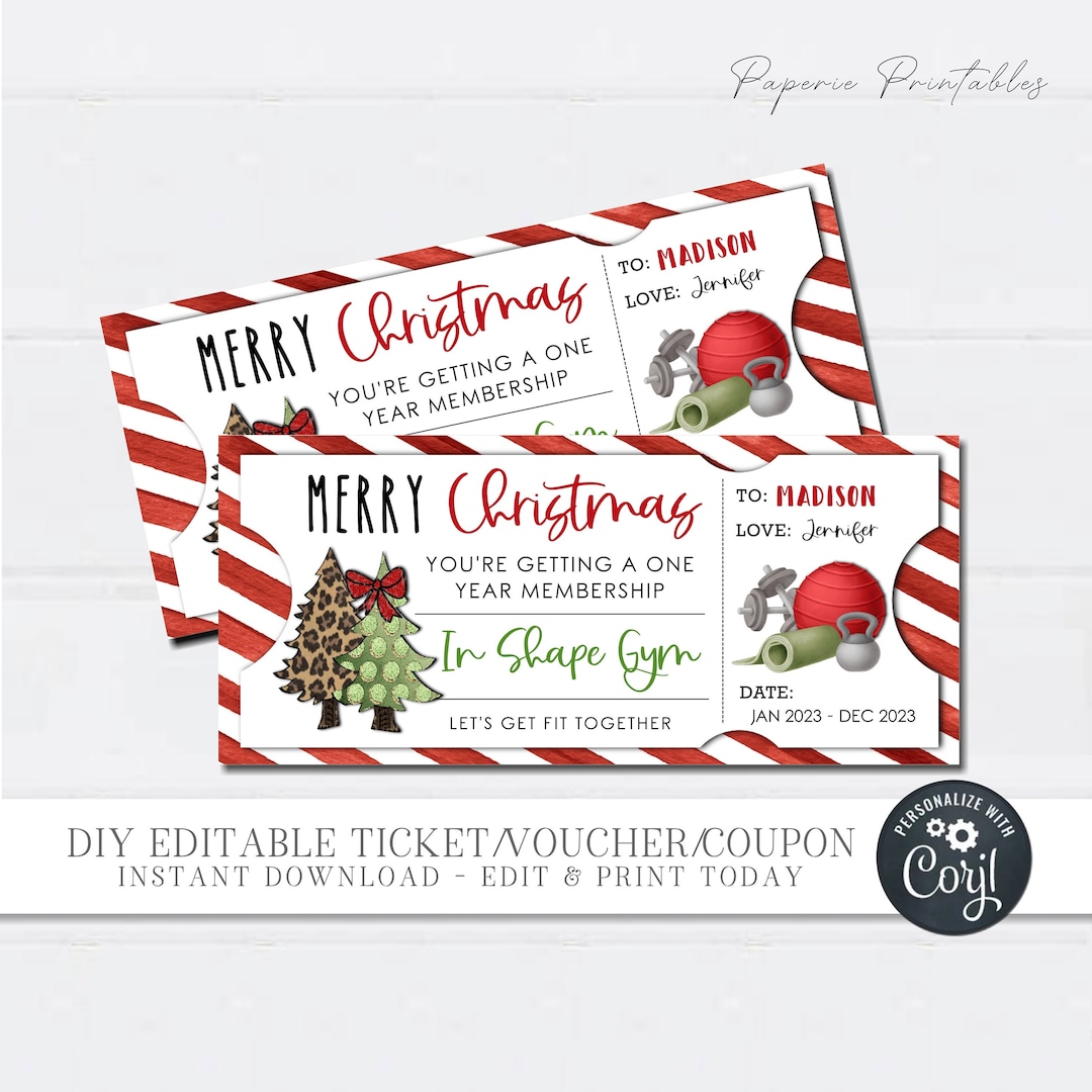EDITABLE Gym Membership Ticket Template, Christmas Gym Gift Voucher, Ticket Printable, Stocking