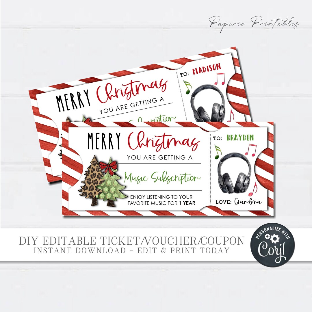 Editable Christmas Music Subscription Ticket: Printable Gift Voucher ...