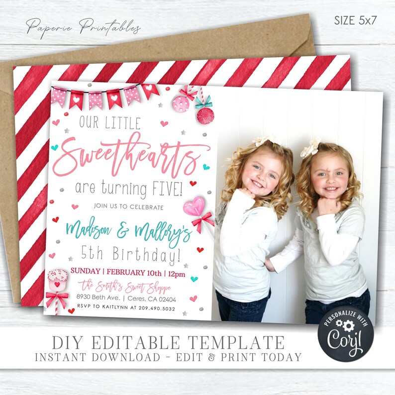 EDITABLE Twins Valentine's Day Birthday Invitation Twins - Etsy