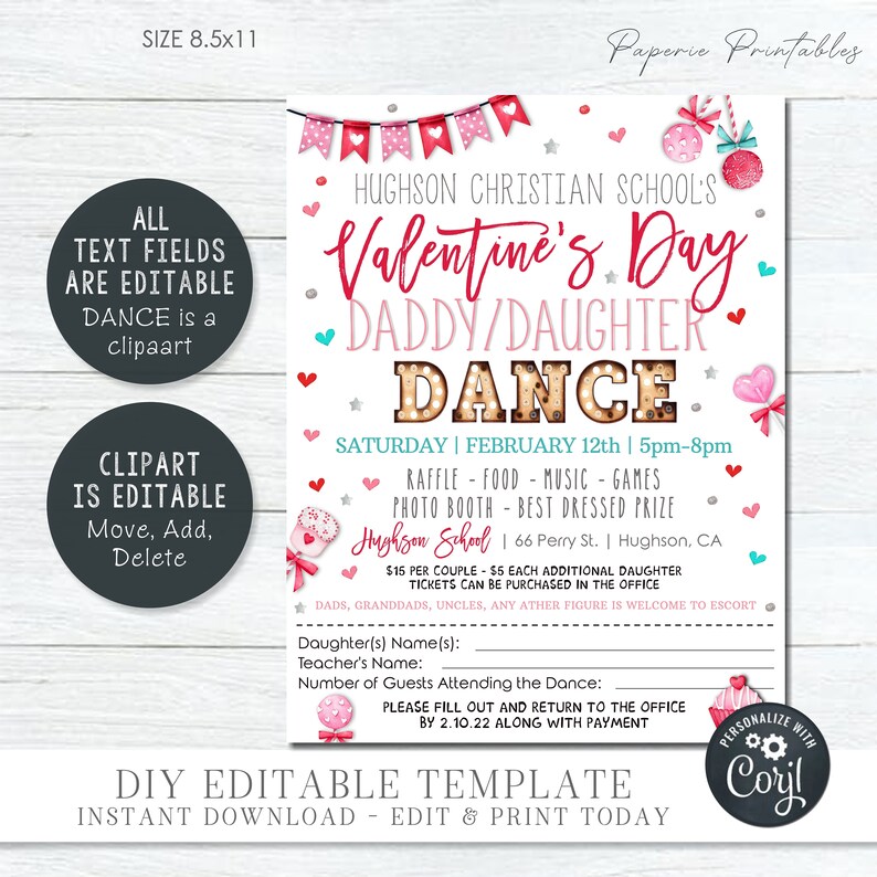 May include: A printable Valentine's Day Daddy Daughter Dance invitation with pink, red, and white hearts, a banner, and a cupcake graphic. The text reads "Hughson Christian School's Valentine's Day Daddy/Daughter Dance" and includes the date, time, and location of the event.