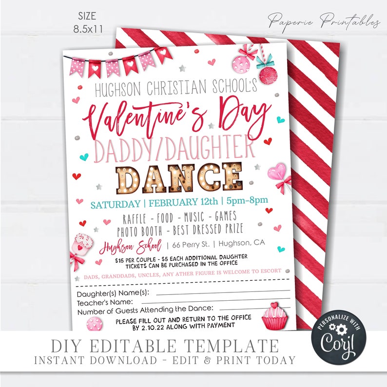 May include: A printable Valentine's Day Daddy/Daughter Dance invitation with a red and white striped background. The invitation features a pink and white heart banner, a red and white candy cane, and a red and white cupcake. The text on the invitation reads "Hughson Christian School's Valentine's Day Daddy/Daughter Dance" and "Saturday | February 12th | 5pm-8pm".
