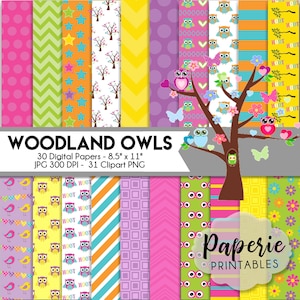 May include: A set of 30 digital papers and 31 clipart images featuring woodland owls, trees, hearts, stars, and geometric patterns in pink, green, yellow, blue, and orange. The papers are 8.5 inches by 11 inches and 300 DPI.