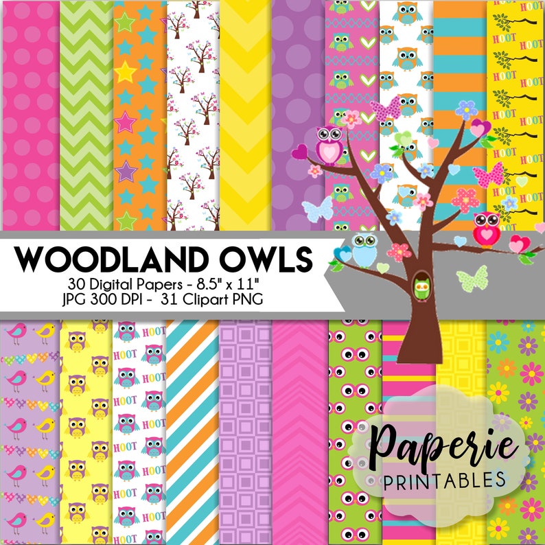 May include: A set of 30 digital papers and 31 clipart images featuring woodland owls, trees, hearts, stars, and geometric patterns in pink, green, yellow, blue, and orange. The papers are 8.5 inches by 11 inches and 300 DPI.