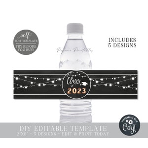 Editable Graduation Water Bottle Labels: Class of 2023, 5 Designs (Digital Download) #GP14