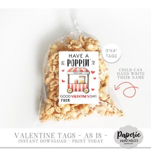 Popcorn Valentine Cards for Kids, Kids Valentine Cards, Popcorn Valentine Tags, Printable School Valentine, AS-IS, Instant Download, VT53 image 4