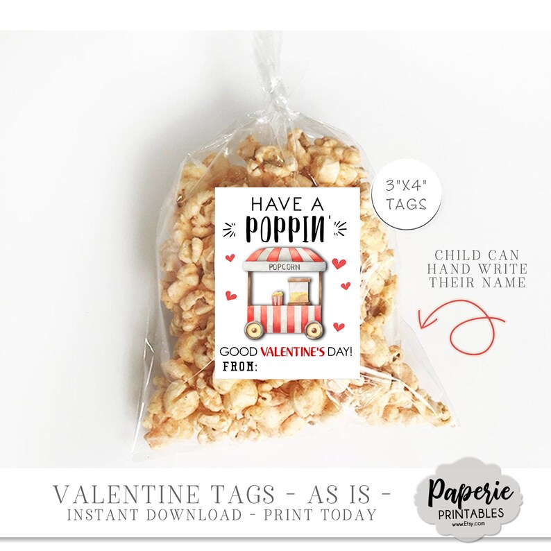 Popcorn Valentine Cards for Kids, Kids Valentine Cards, Popcorn Valentine Tags, Printable School Valentine, AS-IS, Instant Download, VT53 image 4