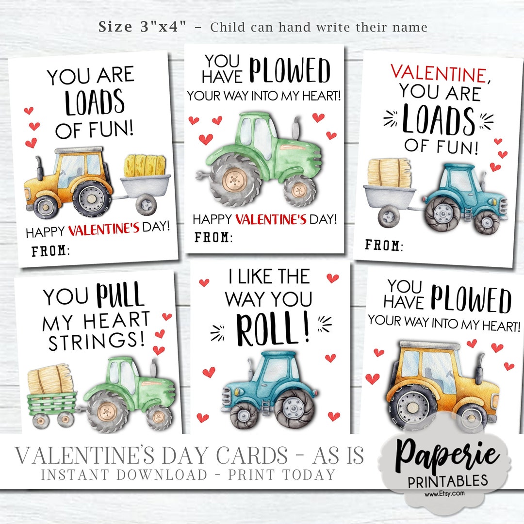 Tractor Valentine Cards for Kids, Kids Valentine Cards, Tractor ...