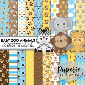 Baby Zoo Animals Digital Paper - 12x12 Digital Scrapbooking Paper - 50 Papers & 15 Clipart - Safari Scrapbook Paper - Instant Download -
