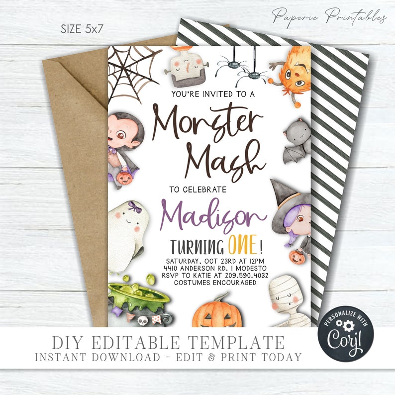 May include: A printable invitation for a Monster Mash birthday party. The invitation features a watercolor illustration of a variety of Halloween characters, including a ghost, a witch, a mummy, a vampire, and a pumpkin. The text on the invitation reads "You're invited to a Monster Mash to celebrate Madison turning one!" The invitation also includes the date, time, and location of the party, as well as an RSVP number.