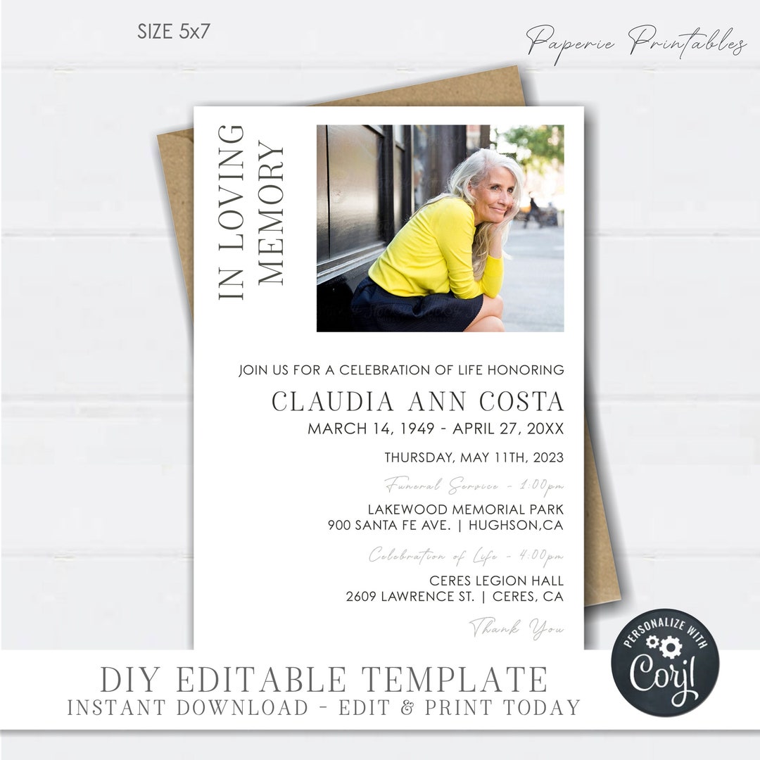 EDITABLE Funeral Announcement Template, Memorial Service Invitation