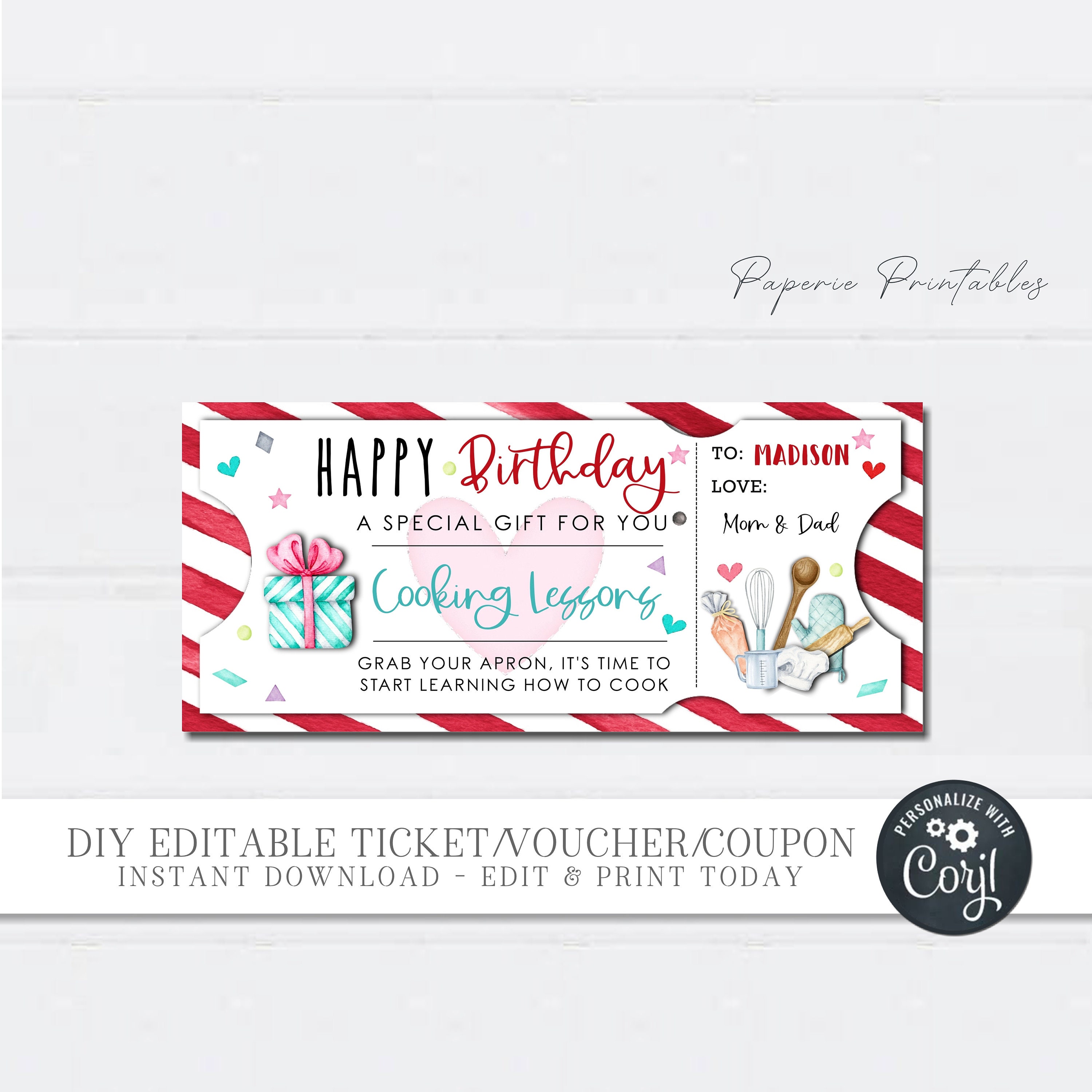 EDITABLE Cooking Lessons Gift Voucher Birthday Gift Coupon Etsy
