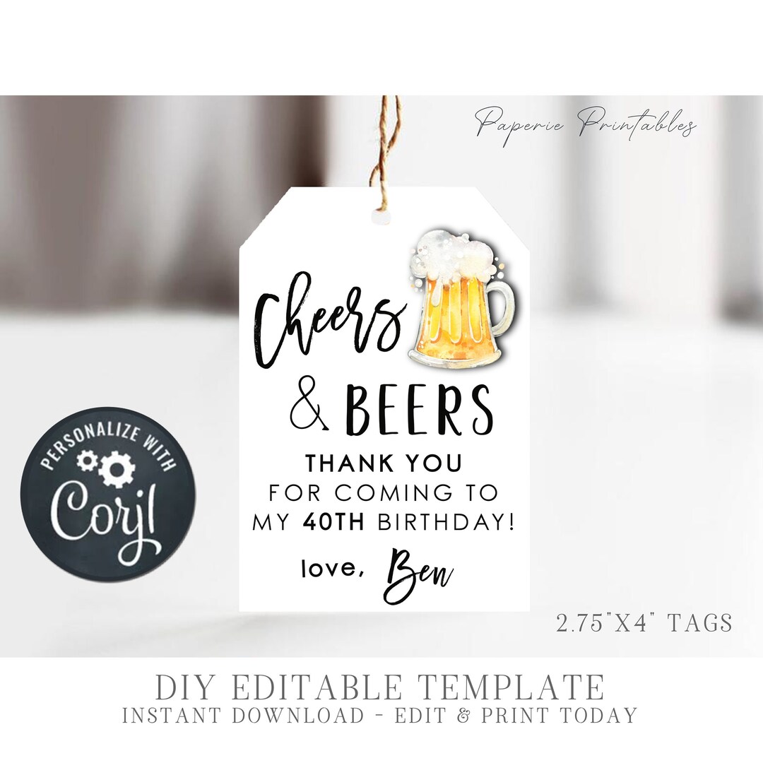 Cheers and Beers Birthday Favor Tags: Editable DIY (digital Download) # ...
