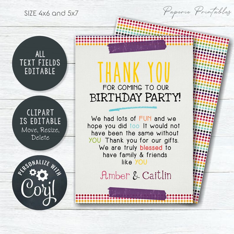 Editable kids birthday thank you card colorful thank you etsy
