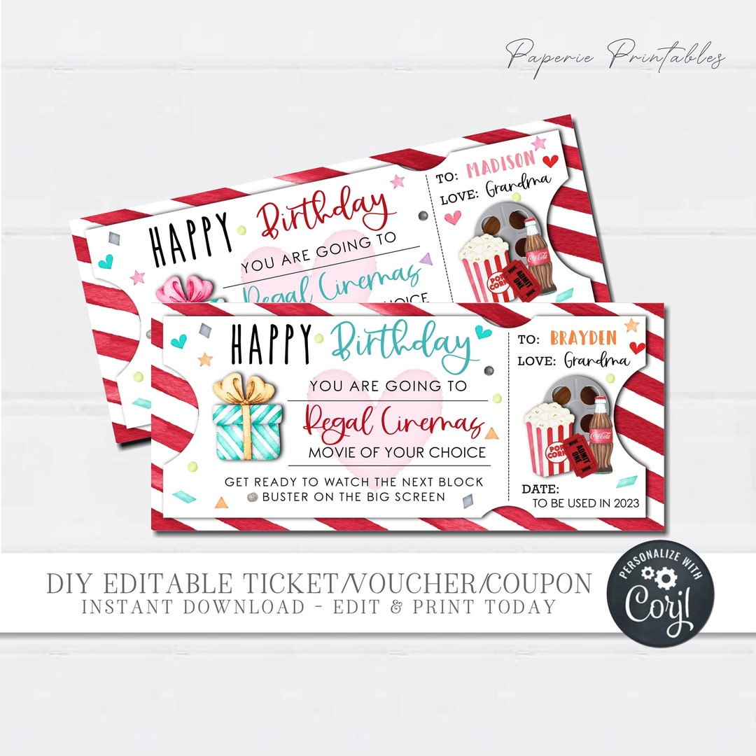 EDITABLE Movie Theatre Birthday Gift Voucher, Movie Theatre Birthday ...