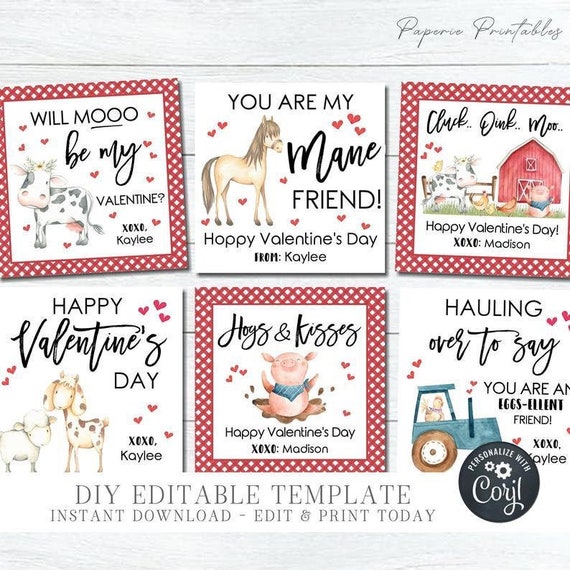 EDITABLE Farm Animals Valentine's Day Cards Barnyard