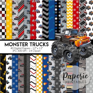 Monster Truck Digital Paper - 12x12 Digital Scrapbooking Paper - 40 Papers & 14 Clipart - Monster Truck Scrapbook Paper - Instant Download -
