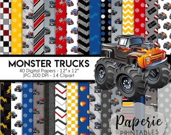 Monster Truck Digital Paper - 12x12 Digital Scrapbooking Paper - 40 Papers & 14 Clipart - Monster Truck Scrapbook Paper - Instant Download -