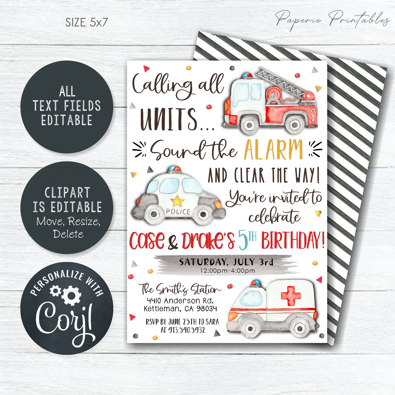 EDITABLE First Responders Birthday Invitation First Responder - Etsy
