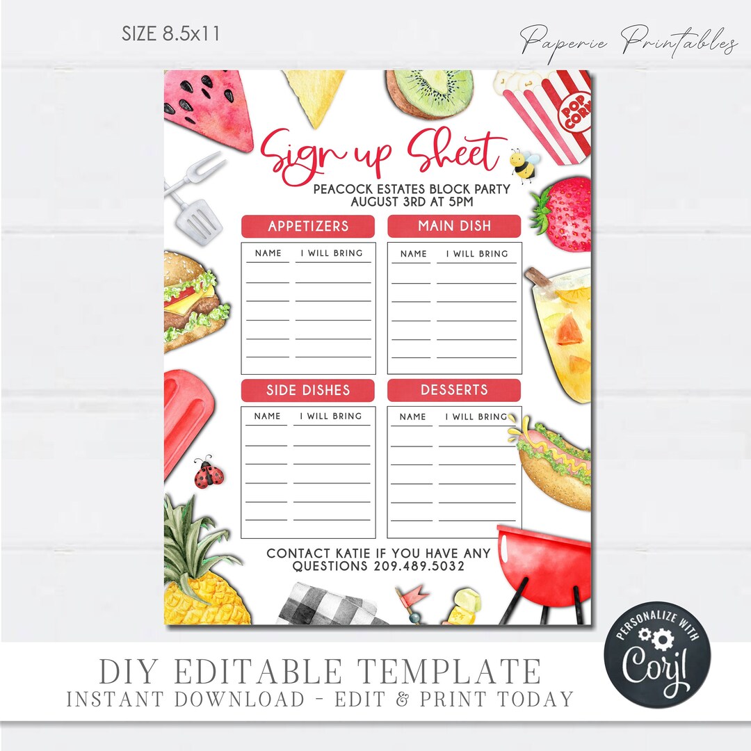 Editable Potluck Sign up Sheet, BBQ Potluck Sign up Sheet, Work Potluck ...