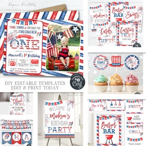 4th of July Birthday Party Bundle: Editable Invitation Set (DIY Corjl) #BP89