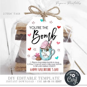 Editable Valentine You're the Bomb Gift Tag, Valentine Hot Chocolate ...