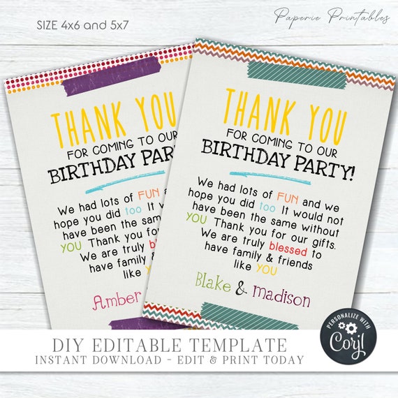 EDITABLE Kids Birthday Thank You Card Colorful Thank You - Etsy